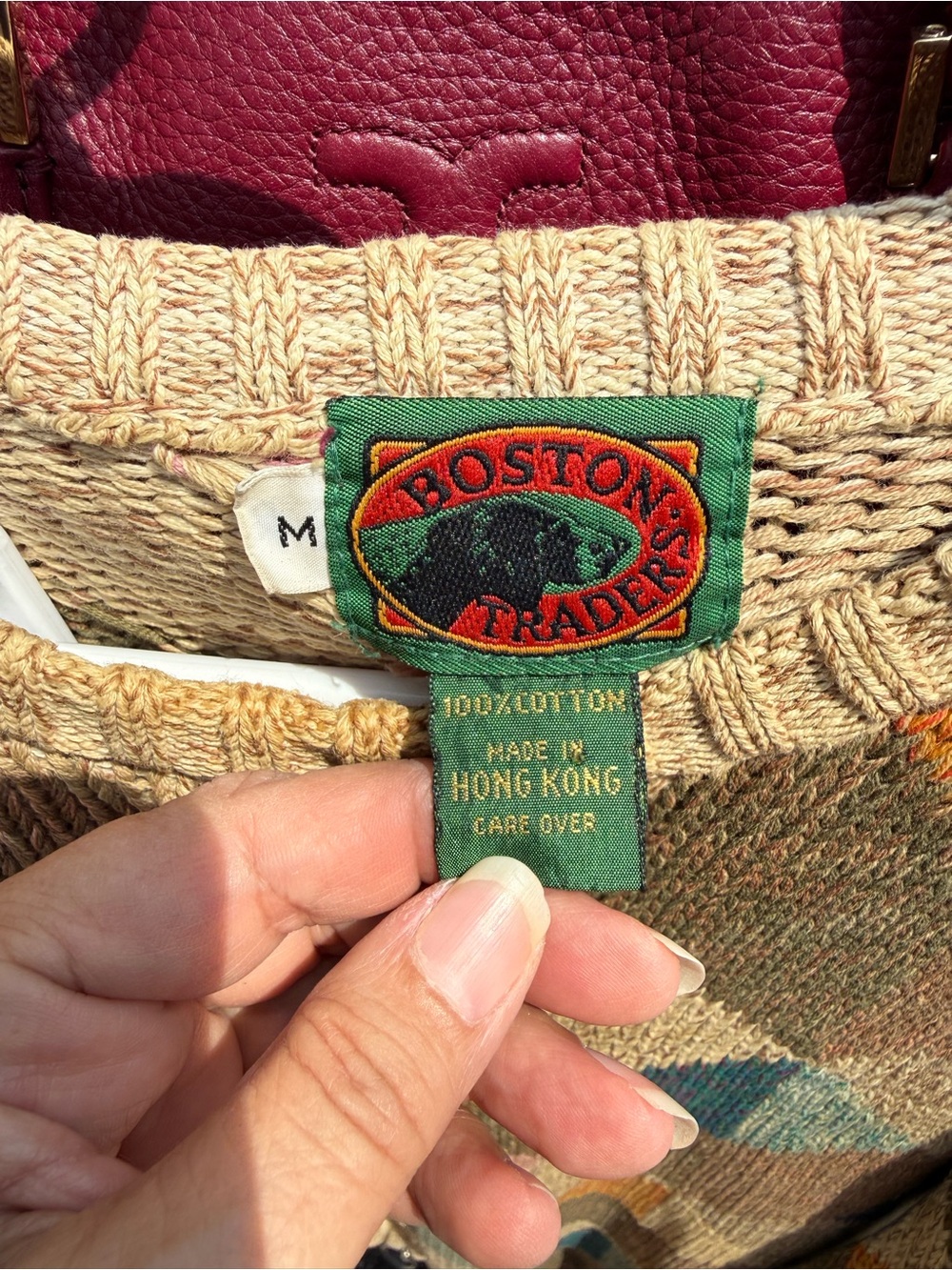 Boston Traders Beige Crewneck Sweater with Multicolor Geometric Accents Med - Picture 2 of 3